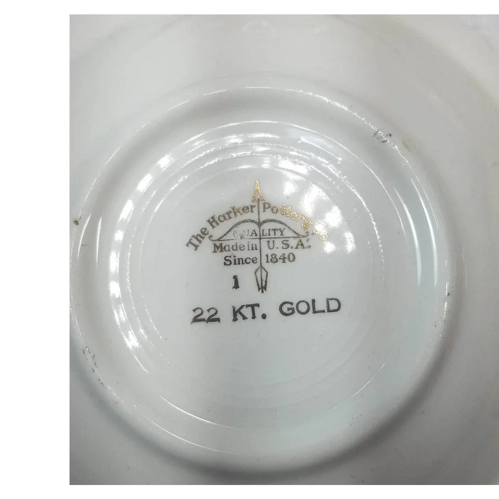 THE HARKER POTTERY CO Colonial Couple decaled Gadroon 22 KT GOLD 4 Bowls